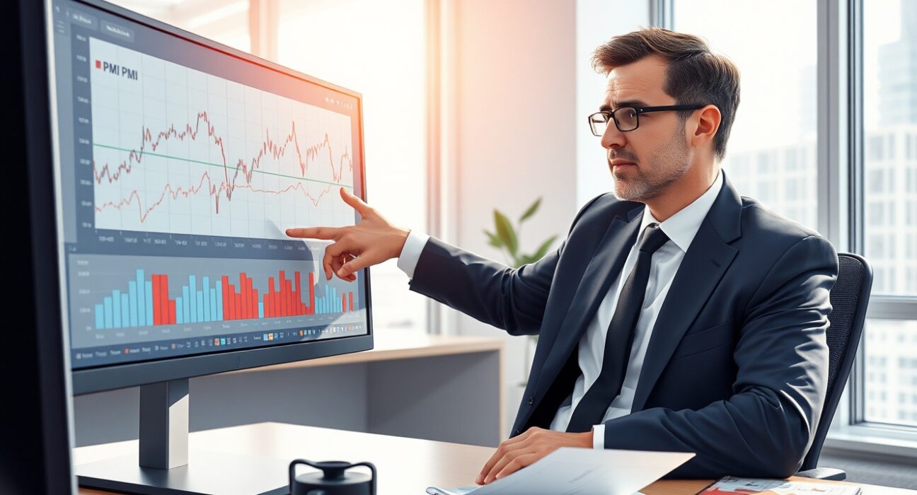 Economic analyst examines Euro Area PMI and inflation data charts showing softening activity and rising price pressures