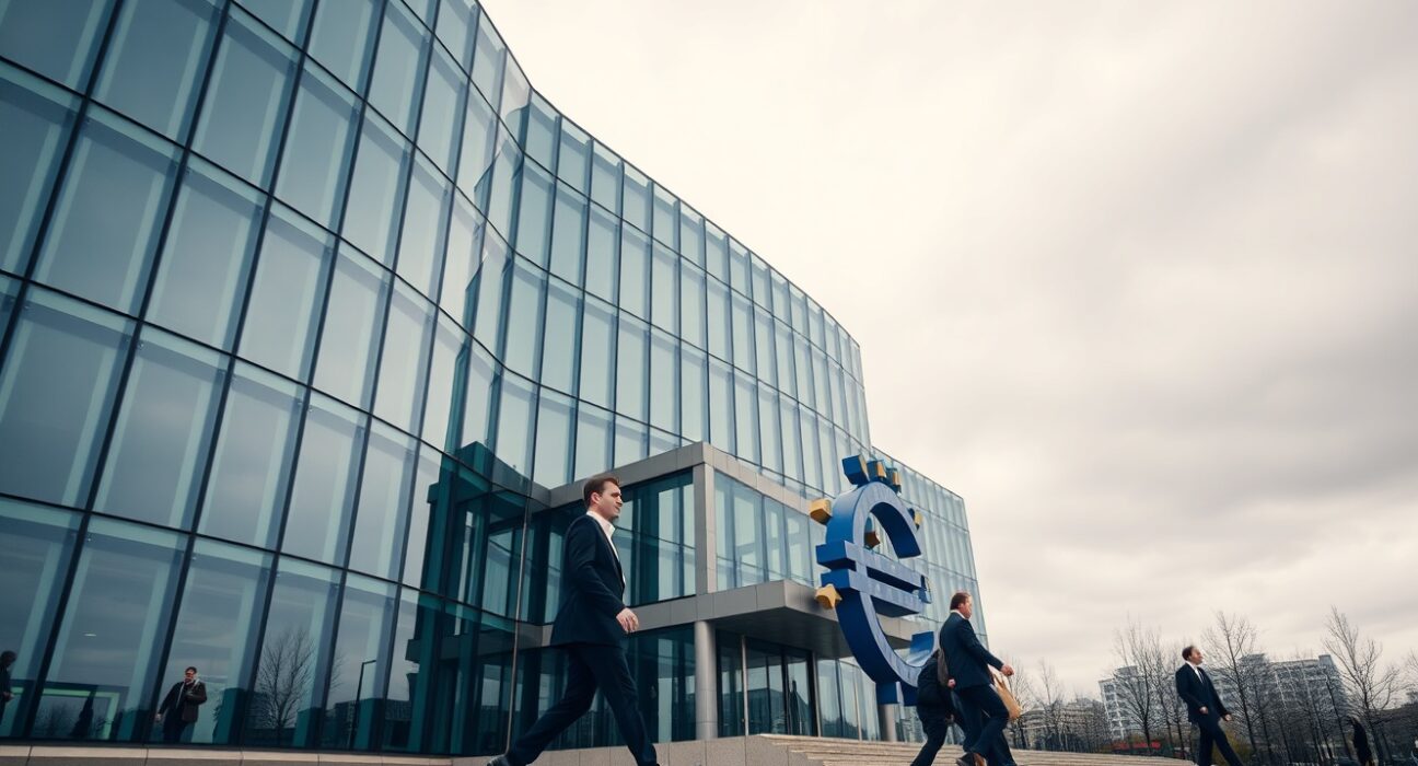 European Central Bank headquarters in Frankfurt on a cloudy day, representing economic uncertainty in the eurozone.