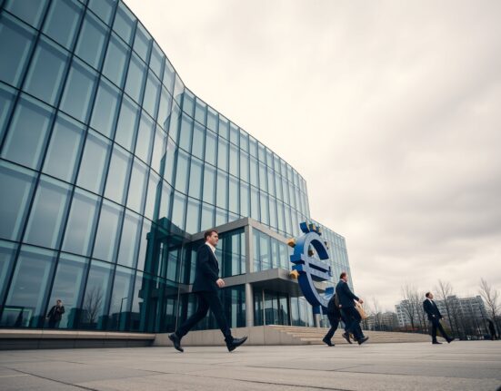 European Central Bank headquarters in Frankfurt on a cloudy day, representing economic uncertainty in the eurozone.