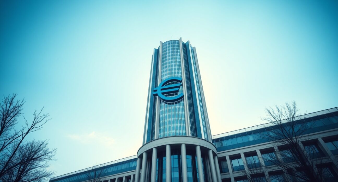 European Central Bank headquarters in Frankfurt under clear sky, symbolizing monetary policy decision