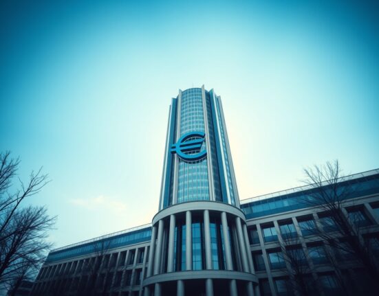 European Central Bank headquarters in Frankfurt under clear sky, symbolizing monetary policy decision
