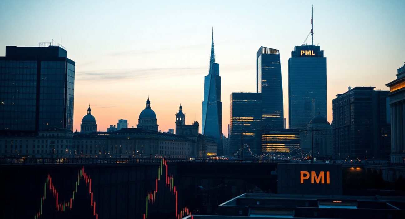 Euro area financial district skyline at dusk, symbolizing economic analysis and inflation risks.