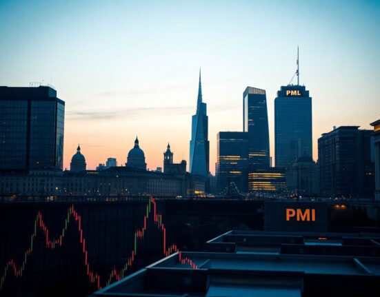 Euro area financial district skyline at dusk, symbolizing economic analysis and inflation risks.