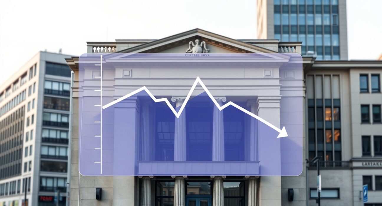 European Central Bank building with economic chart overlay showing Euro area economic outlook pressures from conflict.