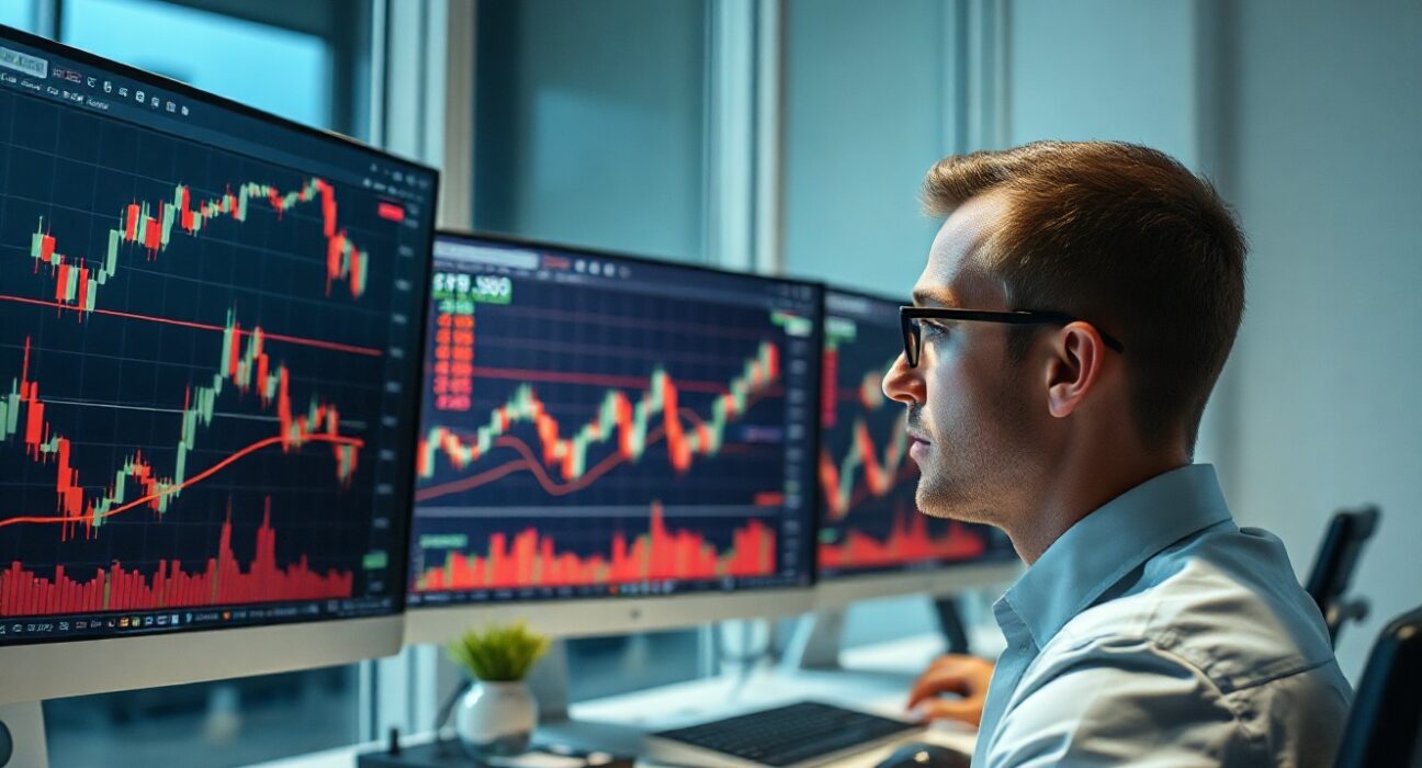 Financial analyst monitors EUR/USD currency charts with bearish trend on multiple screens