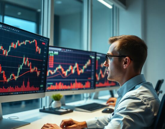 Financial analyst monitors EUR/USD currency charts with bearish trend on multiple screens