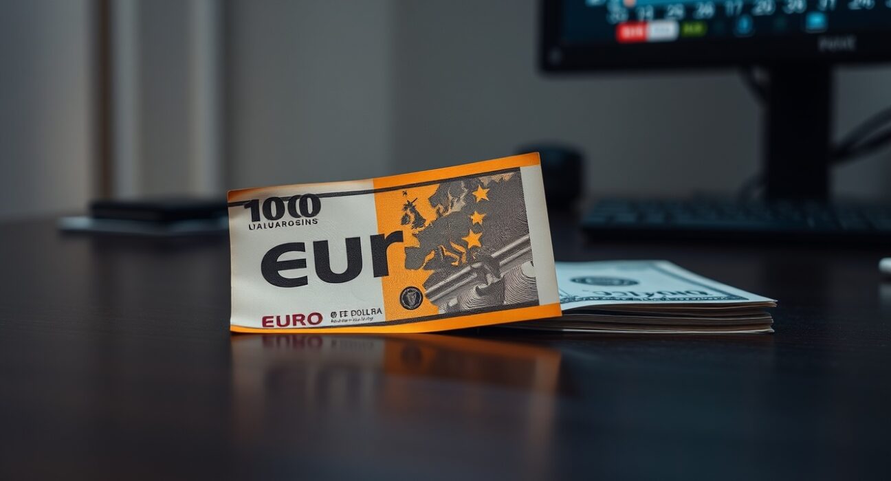 Euro banknote overlapping a US dollar bill on a desk, representing currency market analysis.