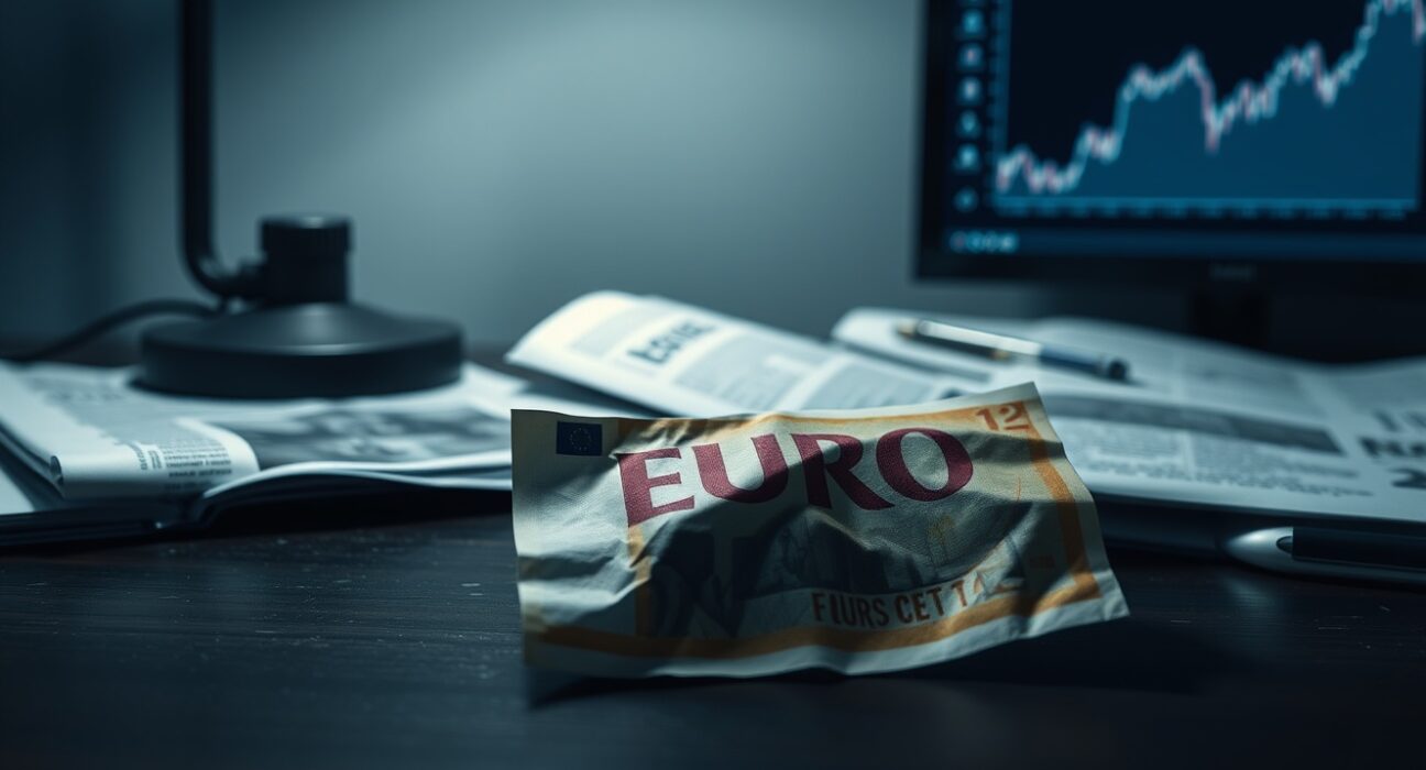 Euro currency note on a desk with financial charts indicating bearish market sentiment.