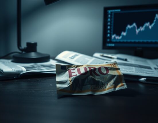 Euro currency note on a desk with financial charts indicating bearish market sentiment.