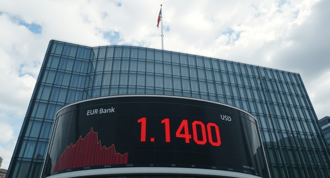 European Central Bank building in Frankfurt with EUR/USD chart showing resistance at 1.1400