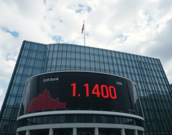 European Central Bank building in Frankfurt with EUR/USD chart showing resistance at 1.1400