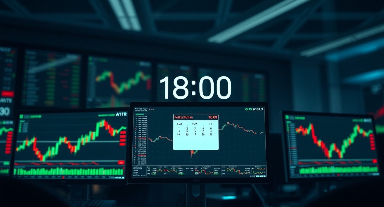 Forex trading monitors showing EUR/USD chart ahead of Federal Reserve interest rate decision