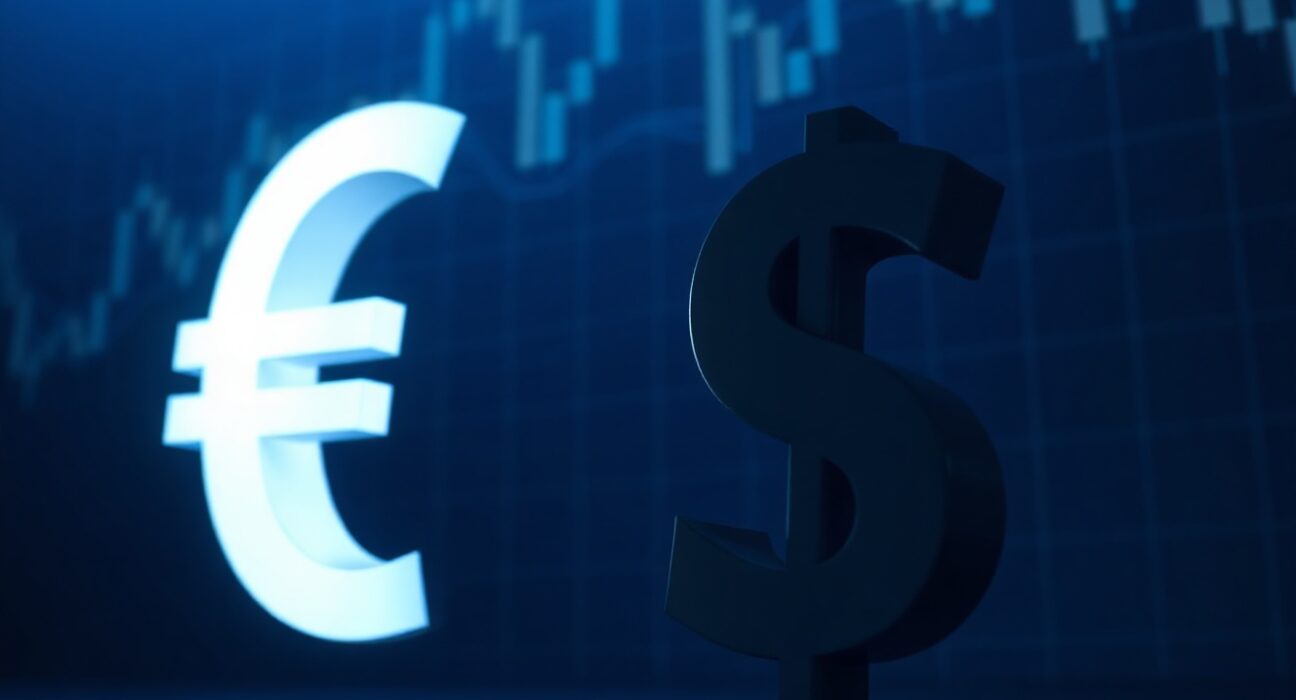 Dimmed Euro symbol next to bright US Dollar symbol on financial market background