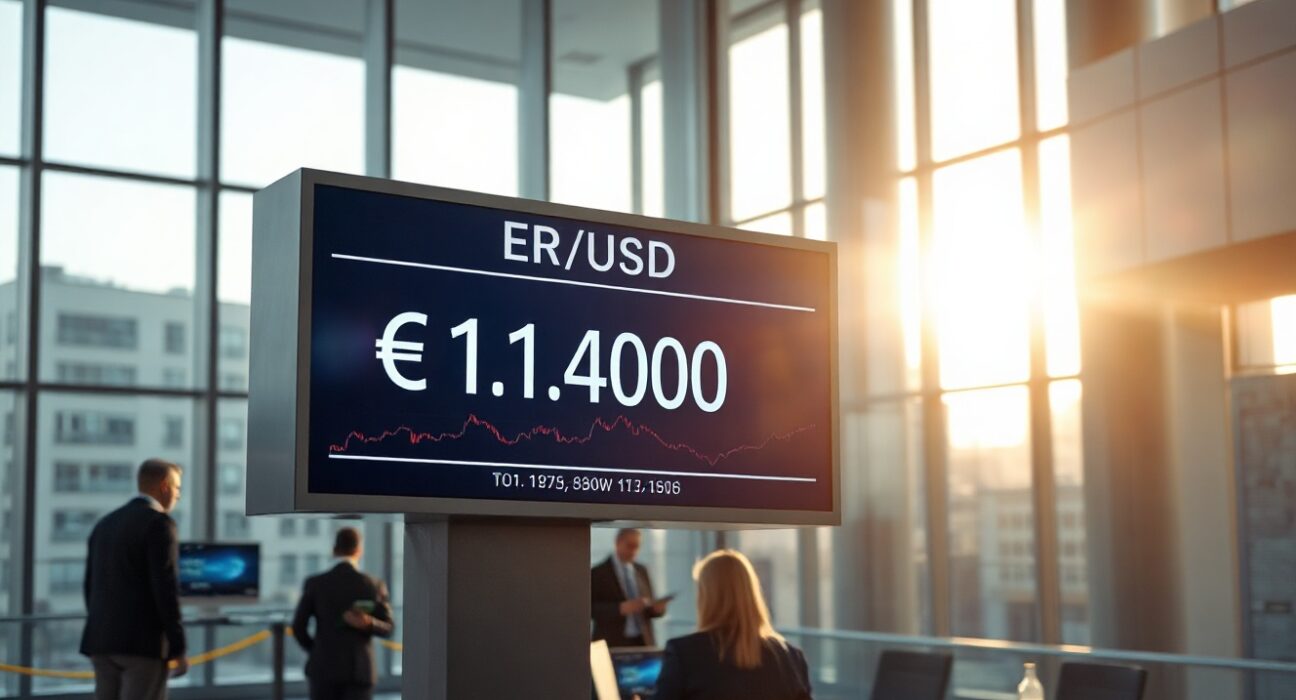 EUR/USD exchange rate below 1.1400 on a digital trading board in a financial district