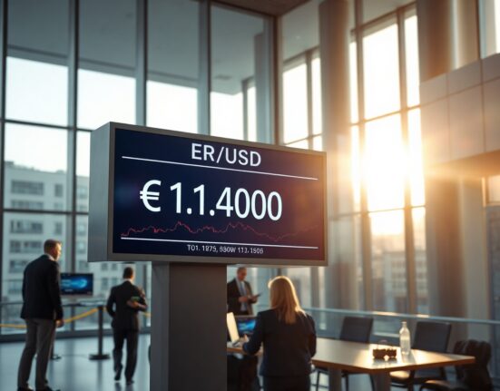 EUR/USD exchange rate below 1.1400 on a digital trading board in a financial district