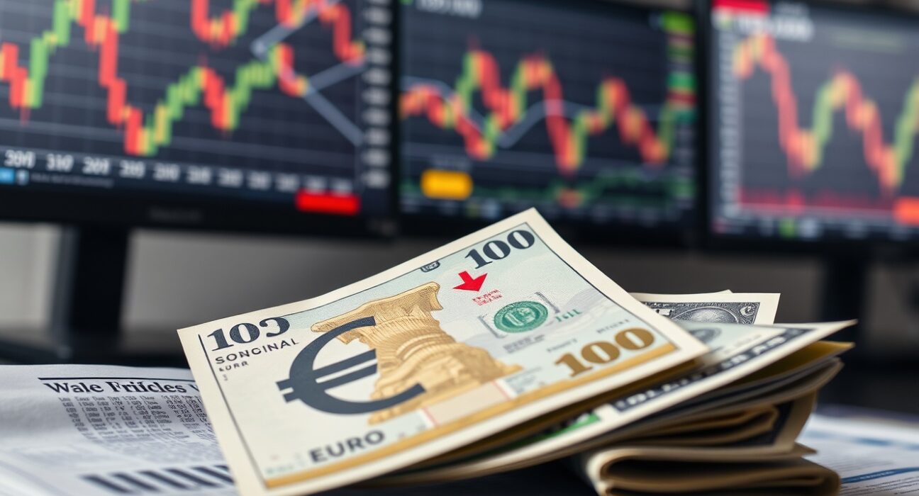 Euro and US dollar banknotes on a financial newspaper with a downward trend indicator.