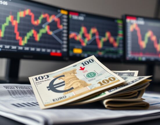 Euro and US dollar banknotes on a financial newspaper with a downward trend indicator.
