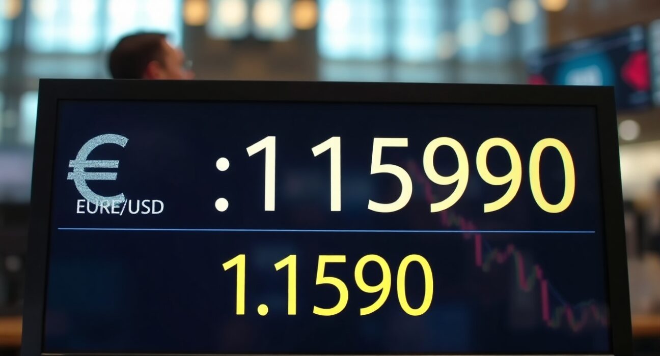 Euro and US dollar exchange rate display showing EUR/USD below 1.1600