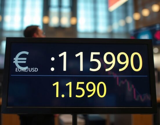 Euro and US dollar exchange rate display showing EUR/USD below 1.1600