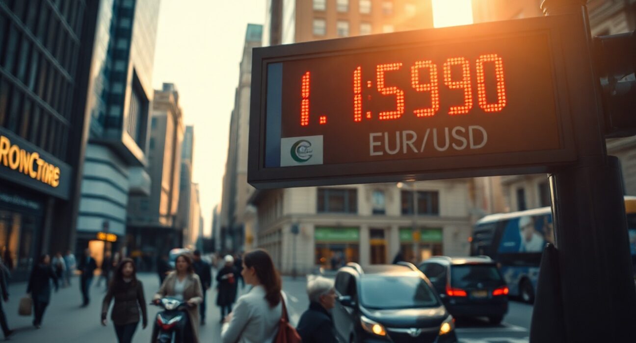 Digital currency exchange board showing EUR/USD rate at 1.1590 in a financial district