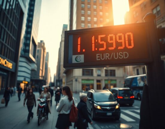 Digital currency exchange board showing EUR/USD rate at 1.1590 in a financial district
