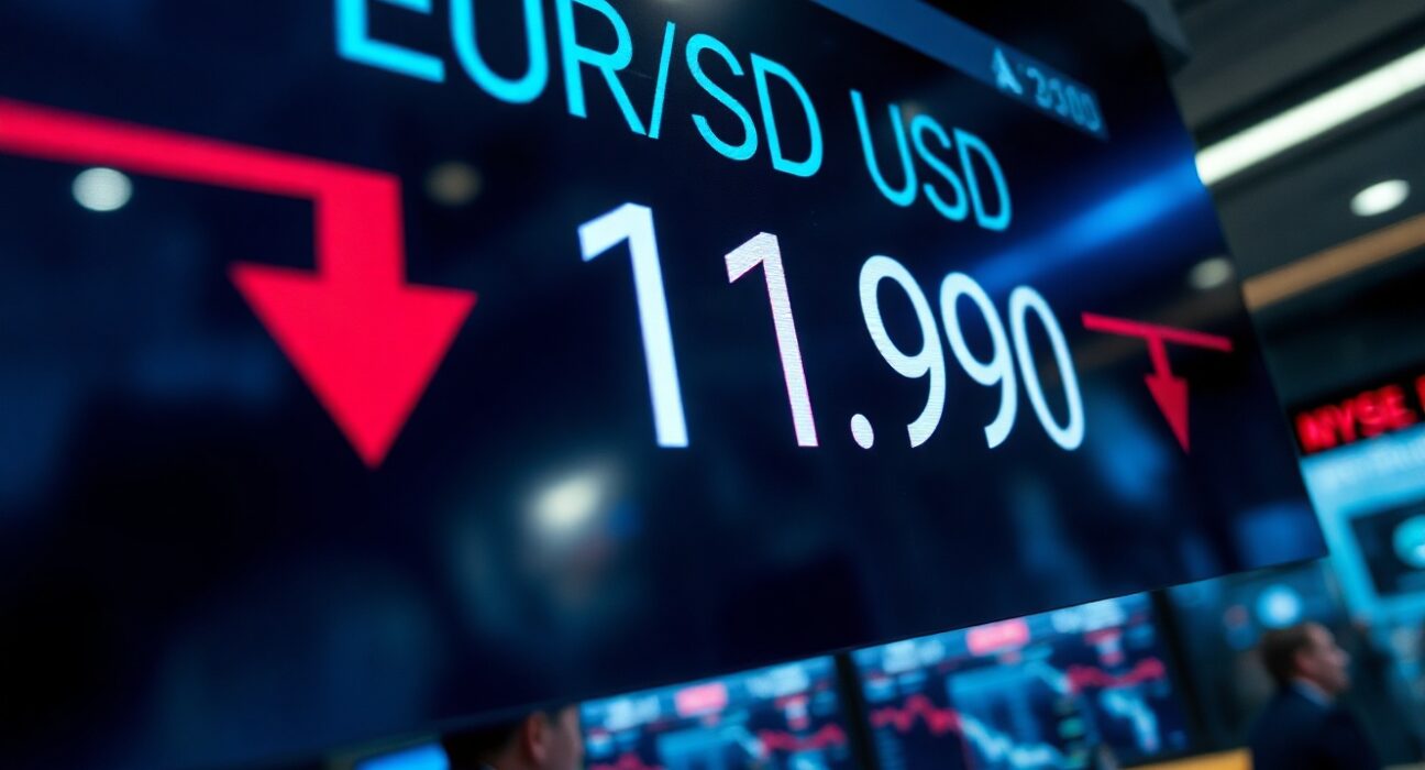EUR/USD exchange rate display showing 1.1590 with red downward trend