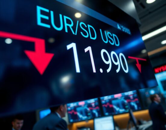 EUR/USD exchange rate display showing 1.1590 with red downward trend