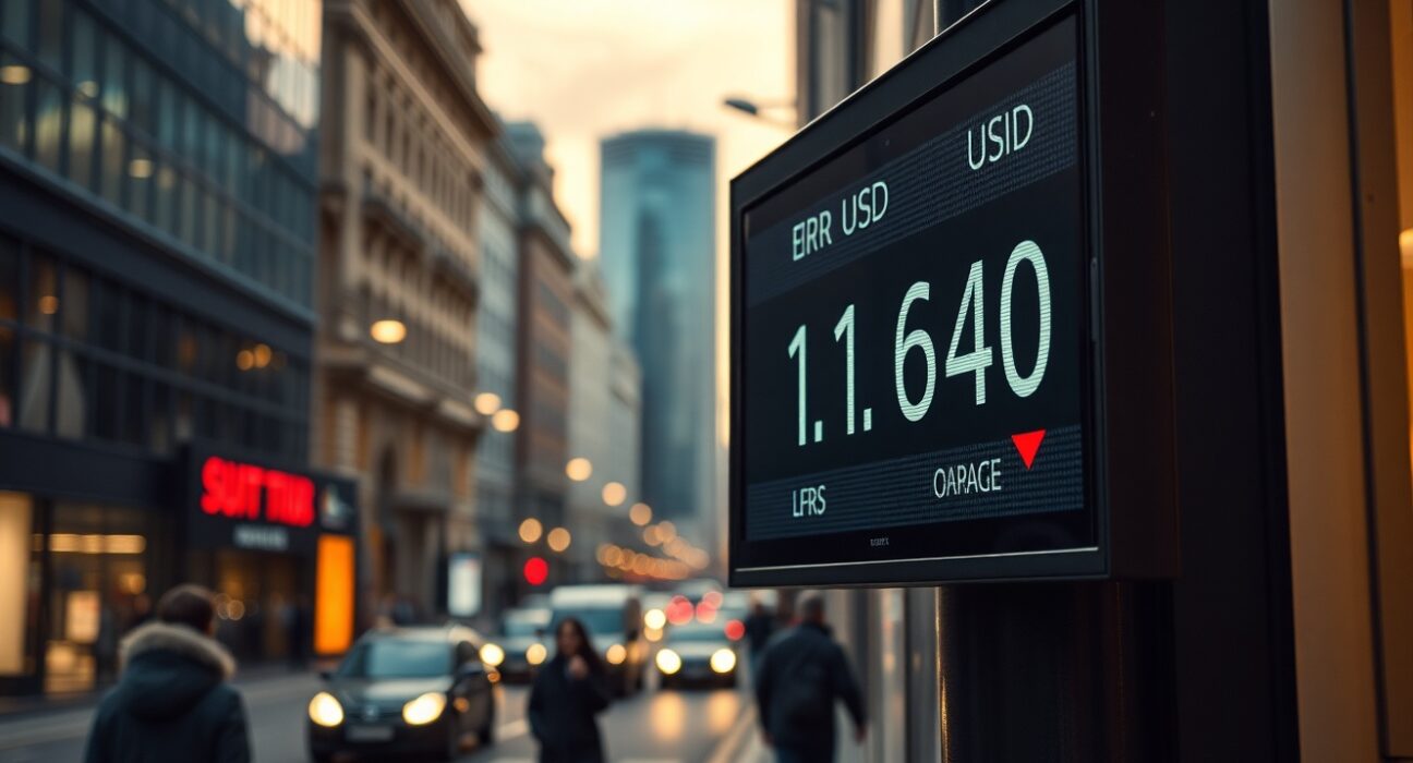 Electronic currency board showing EUR/USD rate at 1.1640 with red downward arrow in a financial district at dusk.