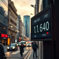 Electronic currency board showing EUR/USD rate at 1.1640 with red downward arrow in a financial district at dusk.