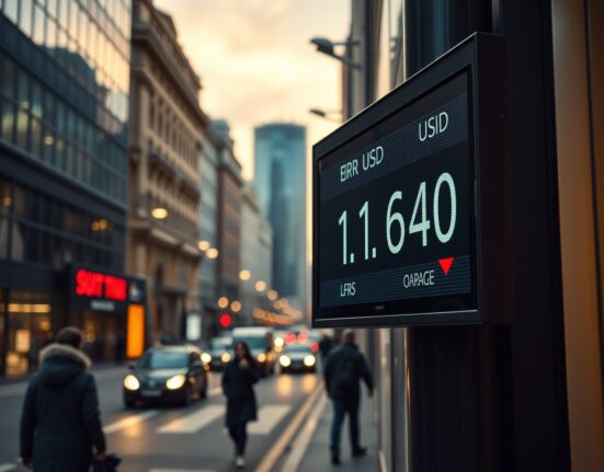 Electronic currency board showing EUR/USD rate at 1.1640 with red downward arrow in a financial district at dusk.