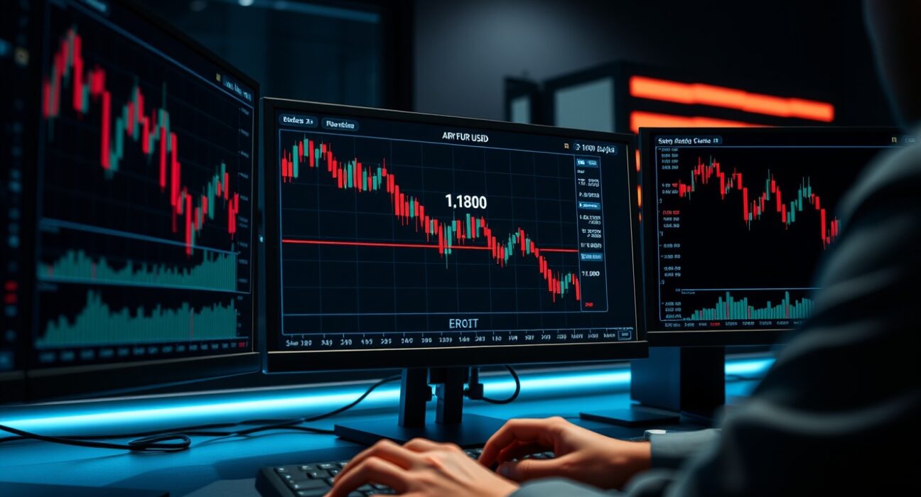 EUR/USD forex chart showing decline below 1.1800 level on trading desk monitors