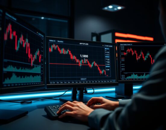 EUR/USD forex chart showing decline below 1.1800 level on trading desk monitors