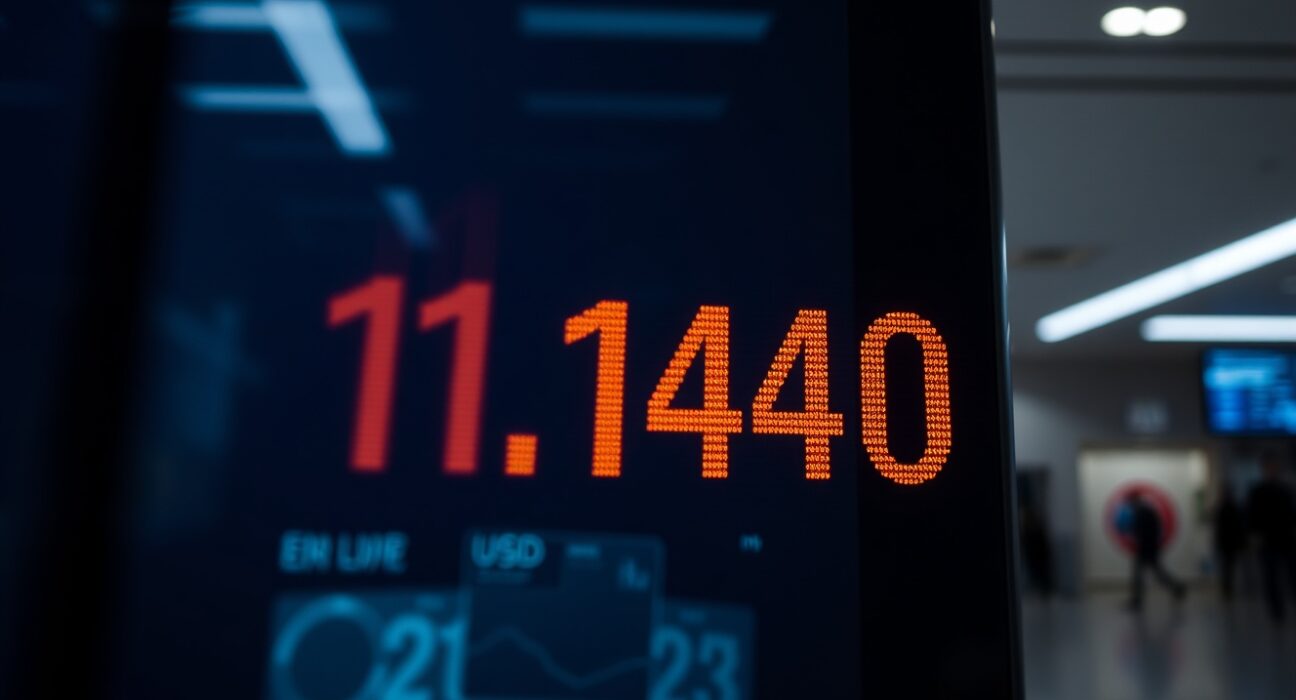 EUR/USD exchange rate display showing euro below 1.1450 in a financial district setting