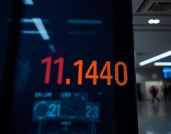 EUR/USD exchange rate display showing euro below 1.1450 in a financial district setting