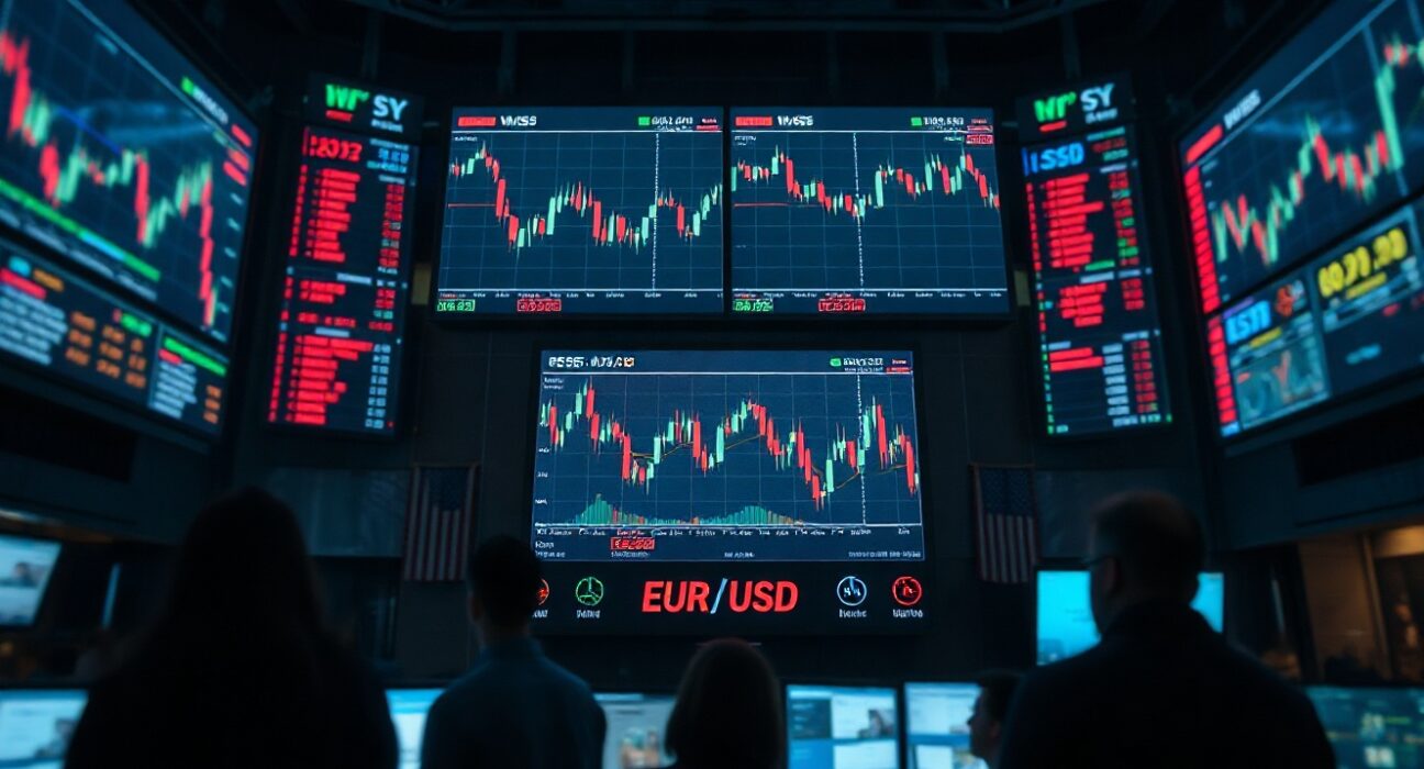 Trading screens showing EUR/USD charts on a dimly lit foreign exchange floor