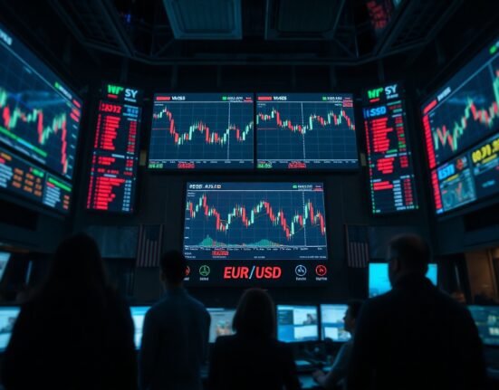 Trading screens showing EUR/USD charts on a dimly lit foreign exchange floor