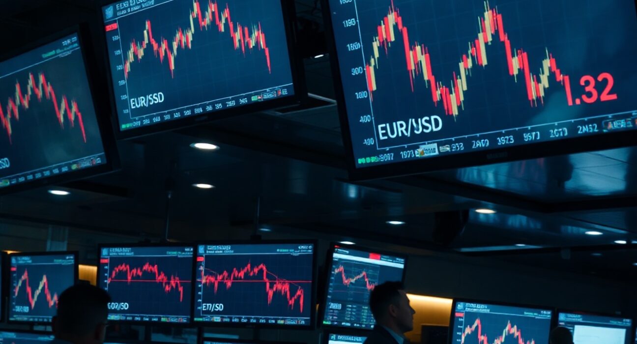 Trading floor monitors showing EUR/USD decline amid US-Iran tensions