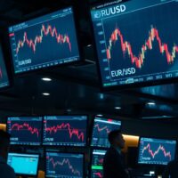 Trading floor monitors showing EUR/USD decline amid US-Iran tensions