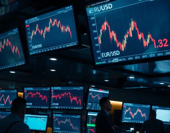 Trading floor monitors showing EUR/USD decline amid US-Iran tensions