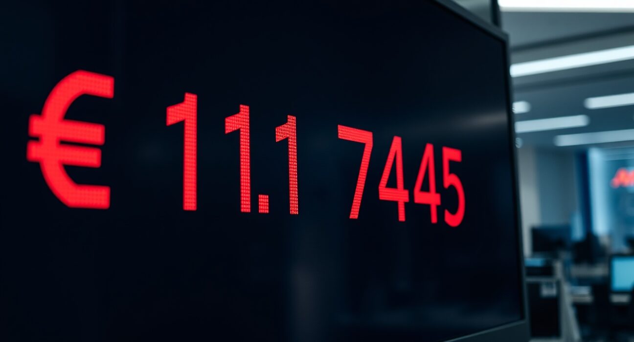 EUR/USD exchange rate at 1.1745 on a digital trading screen after US inflation data release