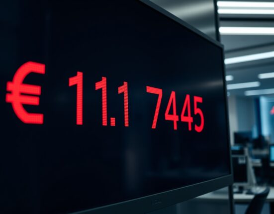 EUR/USD exchange rate at 1.1745 on a digital trading screen after US inflation data release
