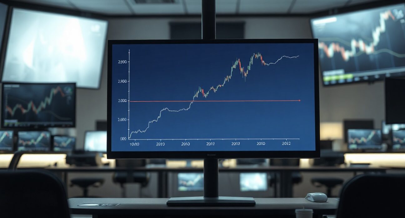 EUR/USD forex chart on a trading desk monitor showing a bid tone within defined ranges.