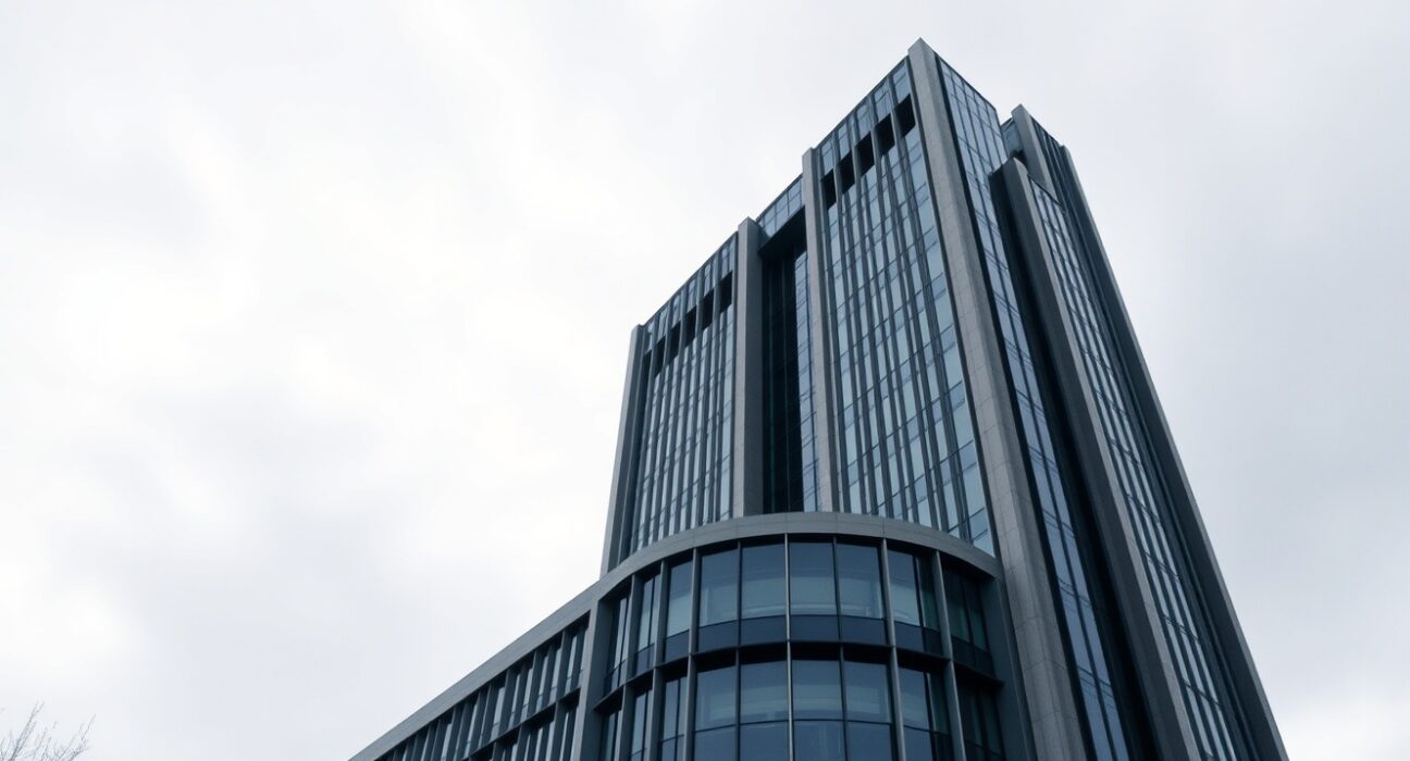 European Central Bank headquarters in Frankfurt on a cloudy day, reflecting cautious market sentiment.