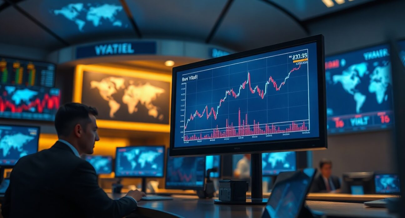 Financial trading desk monitors showing bond yield spike after US-Iran military clash