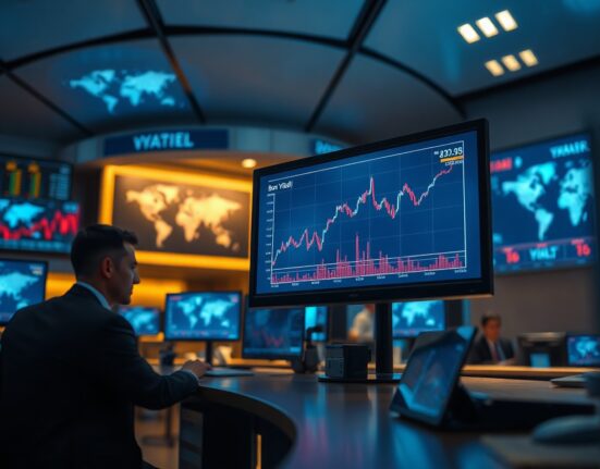 Financial trading desk monitors showing bond yield spike after US-Iran military clash