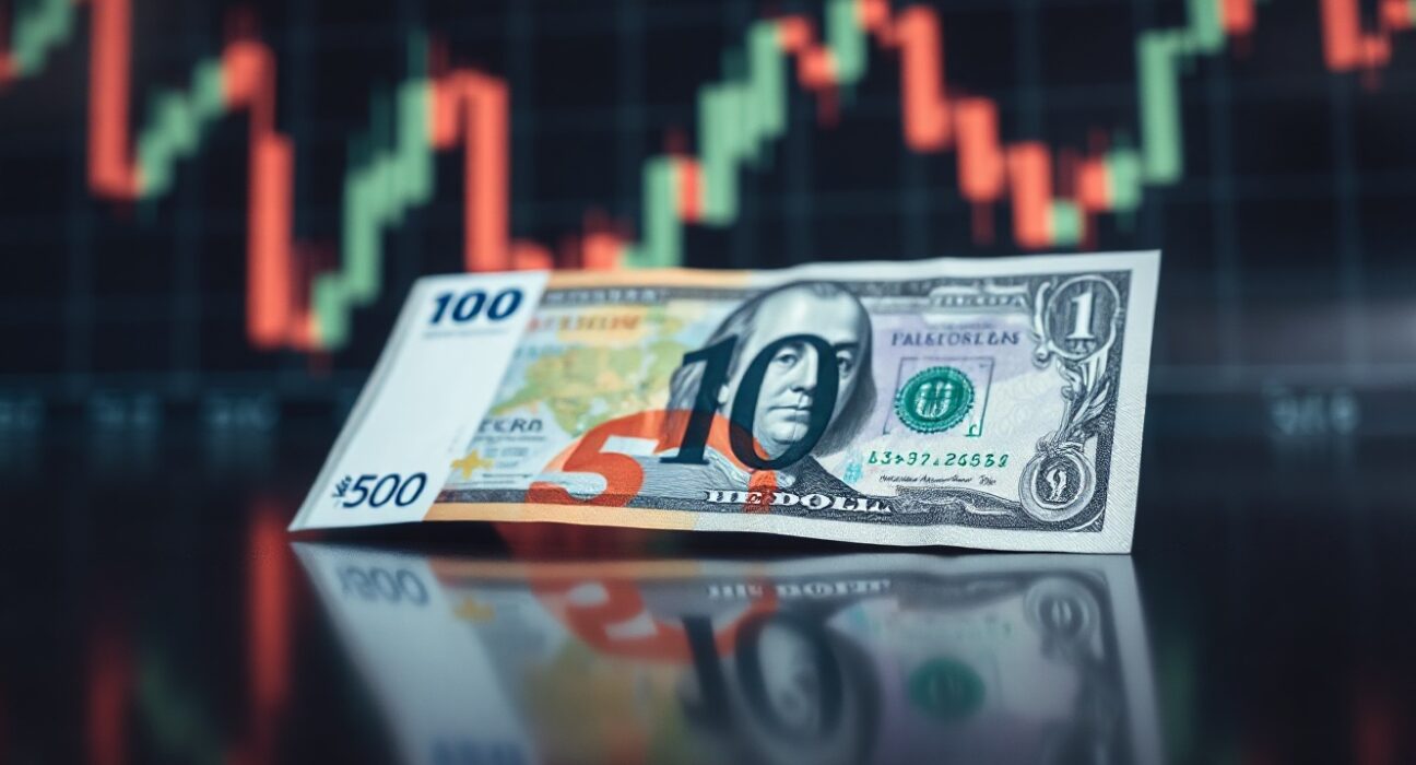 Euro and US Dollar banknotes on a reflective surface with a blurred chart in the background, representing currency exchange.