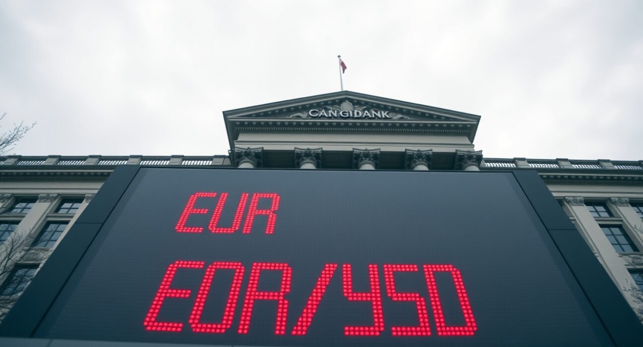 European Central Bank building with digital EUR/USD exchange rate display showing decline