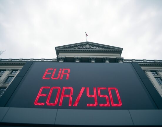European Central Bank building with digital EUR/USD exchange rate display showing decline