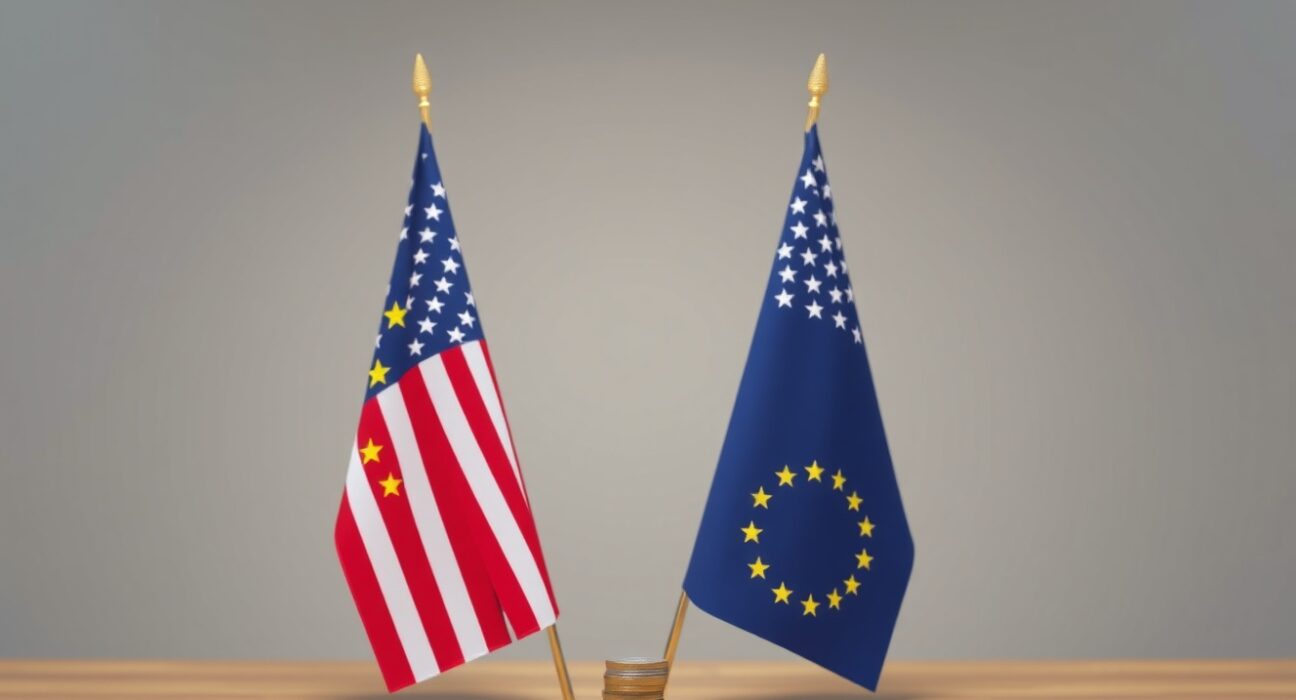 EU and US flags on table with Euro and Dollar coins in foreground, representing EUR/USD currency pair analysis.