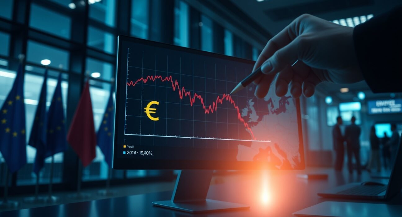 Financial data screen showing a downward trend for the Euro currency.